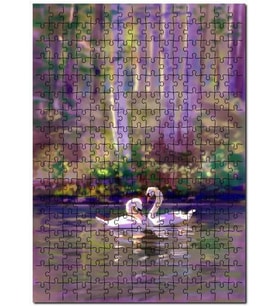Cakapuzzle Göldeki Bir Çift Kuğu Yağlıboya Çizim Puzzle Yapboz MDF (Ahşap) (500 Parça)