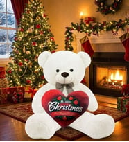 Christmas Temalı Kalp Yastık Hediyeli - Papyonlu Sevimli Peluş Şaşkın Ayı 80 cm - Sevgiliye Özel HEDİYE (Beyaz) - Yılbaşı Özel