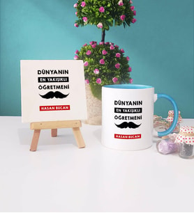 Dünyanın En Yakışıklı Öğretmeni Kupa Bardak Lacivert Dekoratif Taş Baskı (Model 2)