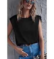 Yuvarlak Yaka Kolsuz Vatkalı Rahat Kesim Düğmeli Şık ve Cool Saten Bluz (Siyah)