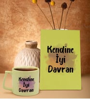 BK Gift Hayat Mottosu Tasarımlı Sarı Sert Kapaklı Defter ve Middle Kupa Seti, Arkadaşa Hediye, Yeni İş Hediyesi, Doğum Günü Hediyesi (Model 4)