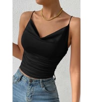 Merry See Kadın Kolsuz Askılı Degaje Yaka Bluz Crop (Siyah)