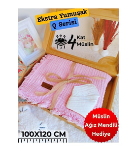 4 Kat Müslin Mint Yeşil Saçaklı Bebek Battaniyesi 100x120 Cm- %100 Pamuklu & Çok Amaçlı Battaniye (Pembe)