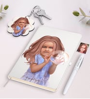 BK Gift Kişiye Özel Kız Çocuk İllüstrasyon Tasarımlı Siyah Defter Kalem Ve Anahtarlık Hediye Seti-2 (Model 2)