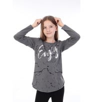 Toontoy Kız Çocuk Varaklı Enjoy Baskılı T-Shirt (Antrasit Melanj)