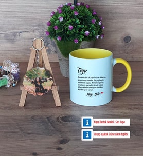Teyzeye Hediye Kupa Bardak Beyaz ve Fotoğraflı Ahşap Anahtarlık Hediye (Model 7)