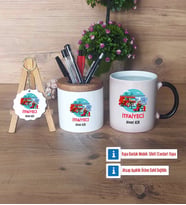 İtfaiyeci Hediye Sepeti Kalemlik, Kupa Bardak Sihirli, Ahşap Anahtarlık Hediye (Model 1)