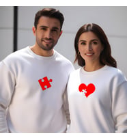 Sevgililer Günü Kombin Erkek Kadın Puzzle Görselli Bisiklet Yaka Sweatshirt 5010 (Beyaz)