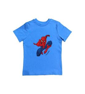 Spiderman baskılı örümcek adam pamuklu penye kumaş yazlık çocuk tişört (Mavi)