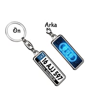 Kişiye Özel Plaka Metal Anahtarlık   Audi Neon Mavi Logo (Gümüş)