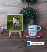 Baba Fotoğraflı Dekoratif Taş, Ahşap Altlıklı Türk Kahvesi Fincanı Hediye (Model 6)