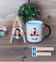 Kadın Polis Kupa Bardak Beyaz ve Fotoğraflı Ahşap Anahtarlık Hediye (Model 9)