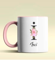 Kişiye Özel İ Harfi Temalı Çiçekli Tasarım Siyah Renk Kupa (Pembe)