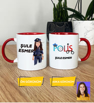 Kişiye Özel Karikatürlü Polis Hediye Kupa Bardak Kadın Polise Polisler Günü Hediyesi (Kırmızı)