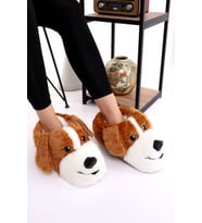 Hayvanlı H10 Köpekli Kışlık Kadın Erkek Çocuk Panduf Ev Içi Sessiz Taban Panduf (Taba)