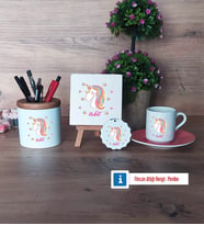 Unicorn Hediye Seti Dekoratif Taş, Kalemlik, Ahşap Altlıklı Türk Kahvesi Fincanı, Ahşap Anahtarlık Hediye (Model 6)