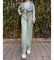 Betimoda Kadın Beli Lastikli Bol Paça Oversize Bürümcük Kumaş Uzun Pantolon BM.Kdn  (Mint Yeşili)