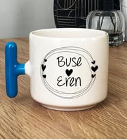 Kişiye Özel İki İsim Yazılı Hediye T Kupa Bardak Sevgililer Günü Hediyesi (Mavi)