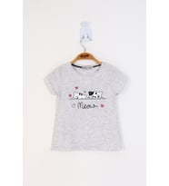 Toontoy Kız Çocuk Kedi Baskılı Tişört ( Gri-Melanj)