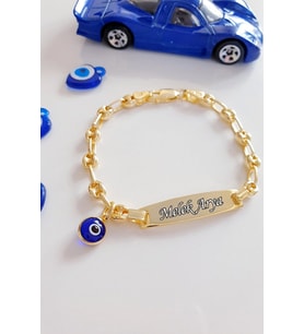 Sallantılı Nazar Boncuklu Isimli Gemici Düğümü Gümüş Çocuk Künyesi Bileklik (Gold)