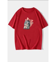 Unisex Sevimli Kedi Tasarım T-shirt (Kırmızı)