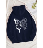 Unisex Drawing Butterflies Sırt Baskılı Sweatshirt (Lacivert)