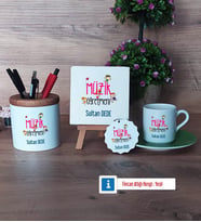 Müzik Öğretmeni Hediye Seti Dekoratif Taş, Kalemlik, Ahşap Altlıklı Türk Kahvesi Fincanı, Ahşap Anahtarlık Hediye (Model 9)