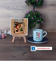 Arkadaşa Hediye Fotoğraflı Dekoratif Taş, Ahşap Altlıklı Türk Kahvesi Fincanı Hediye (Model 4)