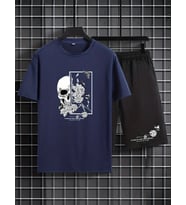 AMOR MAN ÖZEL TASARIM KURU KAFA GÜL BASKILI OVERSİZE SOKAK STİLİ ERKEK T-SHIRT ŞORT TAKIMI (Lacivert)
