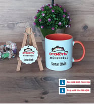 Otomotiv Mühendisi Kupa Bardak Kırmızı ve Ahşap Anahtarlık Hediye (Model 12)