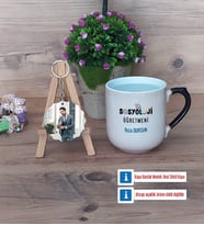 Sosyoloji Öğretmeni Kupa Bardak Beyaz ve Fotoğraflı Ahşap Anahtarlık Hediye Öğretmenler Günü Hediyesi (Model 10)