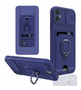 Uyumlu Model Apple iPhone 12 Kılıf Kartlıklı Magnetli Lens Kapatmalı (Lacivert)