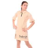 Toontoy Kız Çocuk Yakalı Fermuar Detaylı Perfect Fit Baskılı Elbise (Bej)