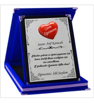Kişiye Özel Kalp Tasarımlı Öğretmen 6 Temalı Kırmızı Plaket (Gümüş-Lacivert)