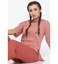 Lukitus Kısa Kollu Pamuklu Fitilli Kadın Pijama Takımı (Mercan)