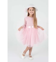 Kız Çocuk Şapkalı Ve Tül Dantel Trend Abiye Elbise Ak2228 (Pembe)