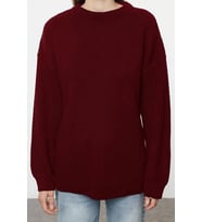 Stil Modern Kadın Regular Standart Kol Bisiklet Yaka Geniş Kalıp Fitilli Triko Kazak (Bordo)