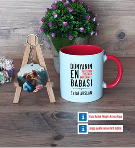 Babalar Günü Hediyesi Kupa Bardak Beyaz ve Fotoğraflı Ahşap Anahtarlık Hediye (Model 2)