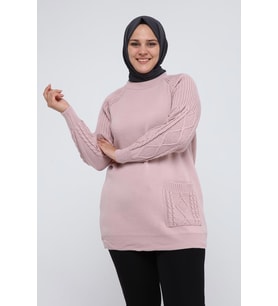 Kadın Büyük Beden Kolu Saç Örgülü Cepli Kışlık Triko Tunik 4372 (Pudra)