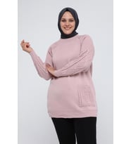 Kadın Büyük Beden Kolu Saç Örgülü Cepli Kışlık Triko Tunik 4372 (Pudra)