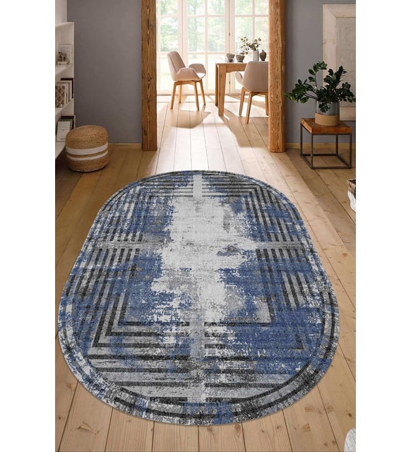 Dijital Baskılı Kaymaz Taban Yıkanabilir Oval Salon Halısı Mutfak Halısı Yolluk NDO-SD-293 (Mavi)