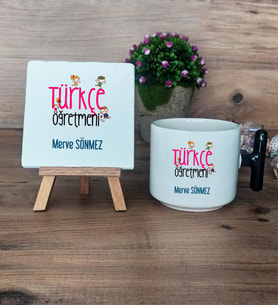 Türkçe Öğretmeni Hediye Seti Kupa Bardak T Kulplu ve Dekoratif Taş Öğretmenler Günü Hediyesi (Model 6)