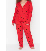 Tarz Rahat Büyük Beden Uzun Kollu Geniş Paça Kalpli Örme Pijama Takımı (Kırmızı)