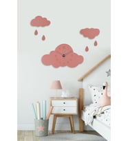 Ahşap Bulutlu Çocuk Odası Duvar Saati - (Ahşap Sticker Bulut Ve Yağmur Damlası Hediyeli) (Pembe)