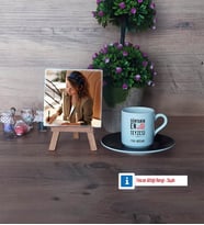 Teyzeye Hediye Fotoğraflı Dekoratif Taş, Ahşap Altlıklı Türk Kahvesi Fincanı Hediye (Model 7)