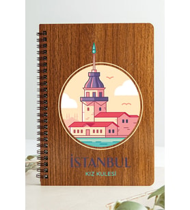 İstanbul Kız Kulesi Şehir Tasarım Ahşap Kapaklı Defter Kraft Kağıt Özel Tasarım (Ceviz Rengi)