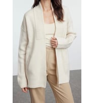 Kadın Modern Tarz Oversize Şal Yaka Midi Triko Hırka (Taş)