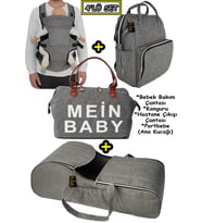 Çift Yönlü Bebek Taşıma Kanguru + Portbebe Ana Kucağı + Bebek Bakım Çantası + Hastane çıkış Çantası (Gri)