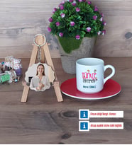Türkçe Öğretmeni Türk Kahvesi Fincanı Ahşap Altlıklı ve Fotoğraflı Ahşap Anahtarlık Hediye (Model 3)