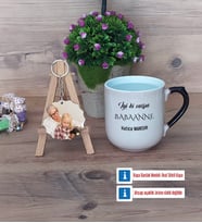 Babaanneye Hediye Kupa Bardak Beyaz ve Fotoğraflı Ahşap Anahtarlık Hediye (Model 10)